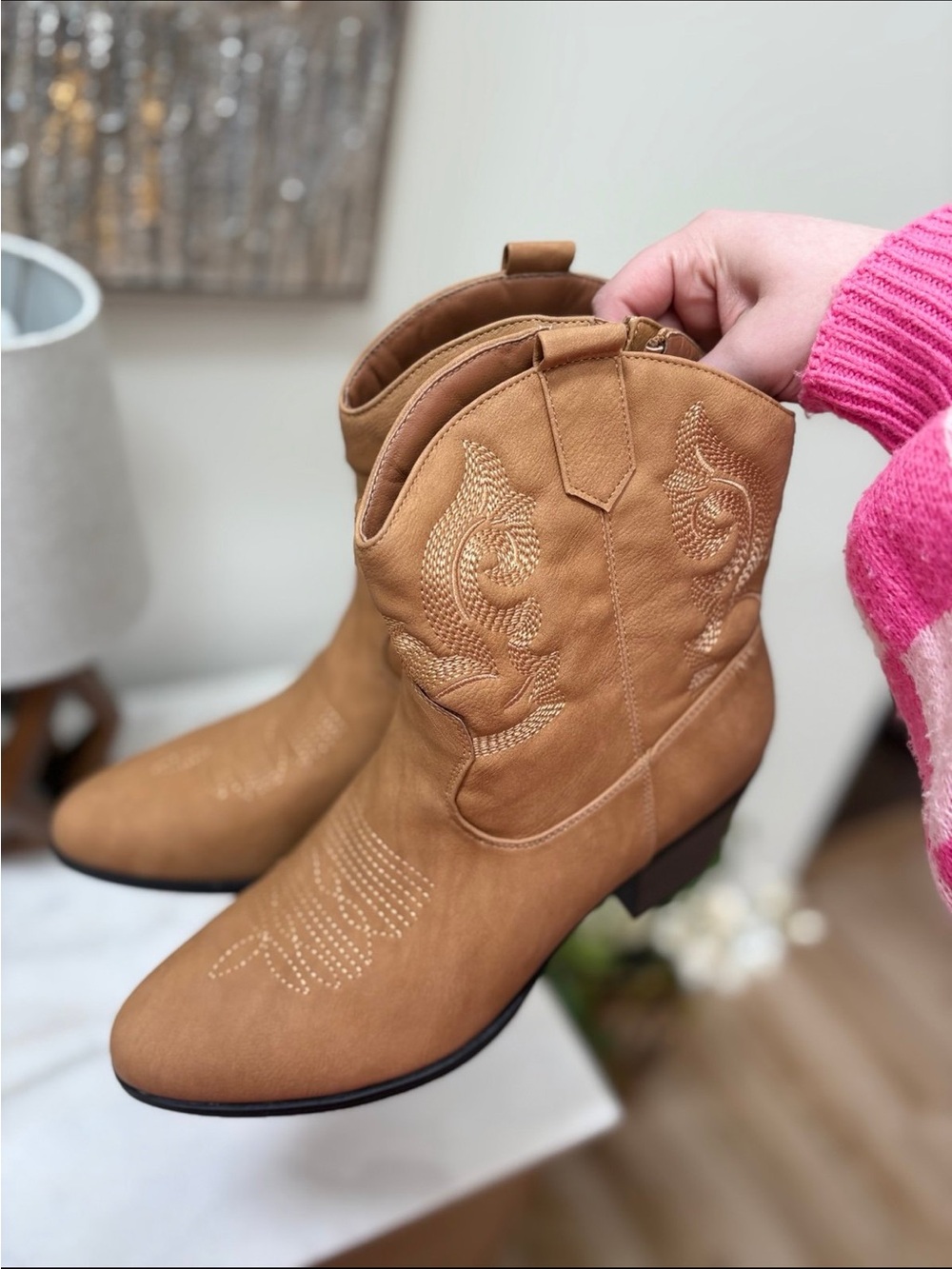 Western Ankle Boots in Tan - Stylish Women's Cowgirl Booties - Picture 2 of 3